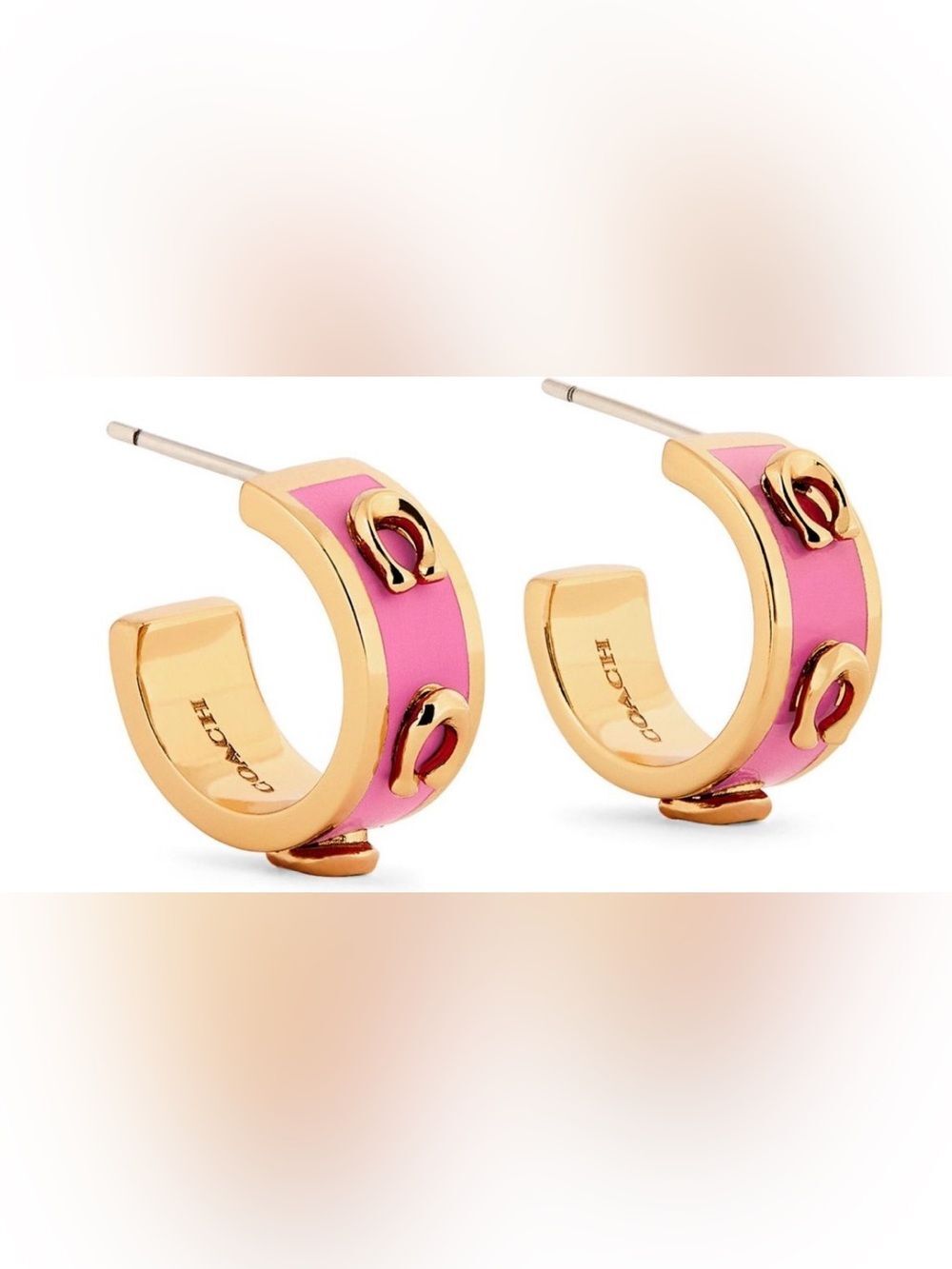 NWT COACH Pink Gold Enamel Signature C Logo Mini Huggie Hoop Earrings - Picture 9 of 10